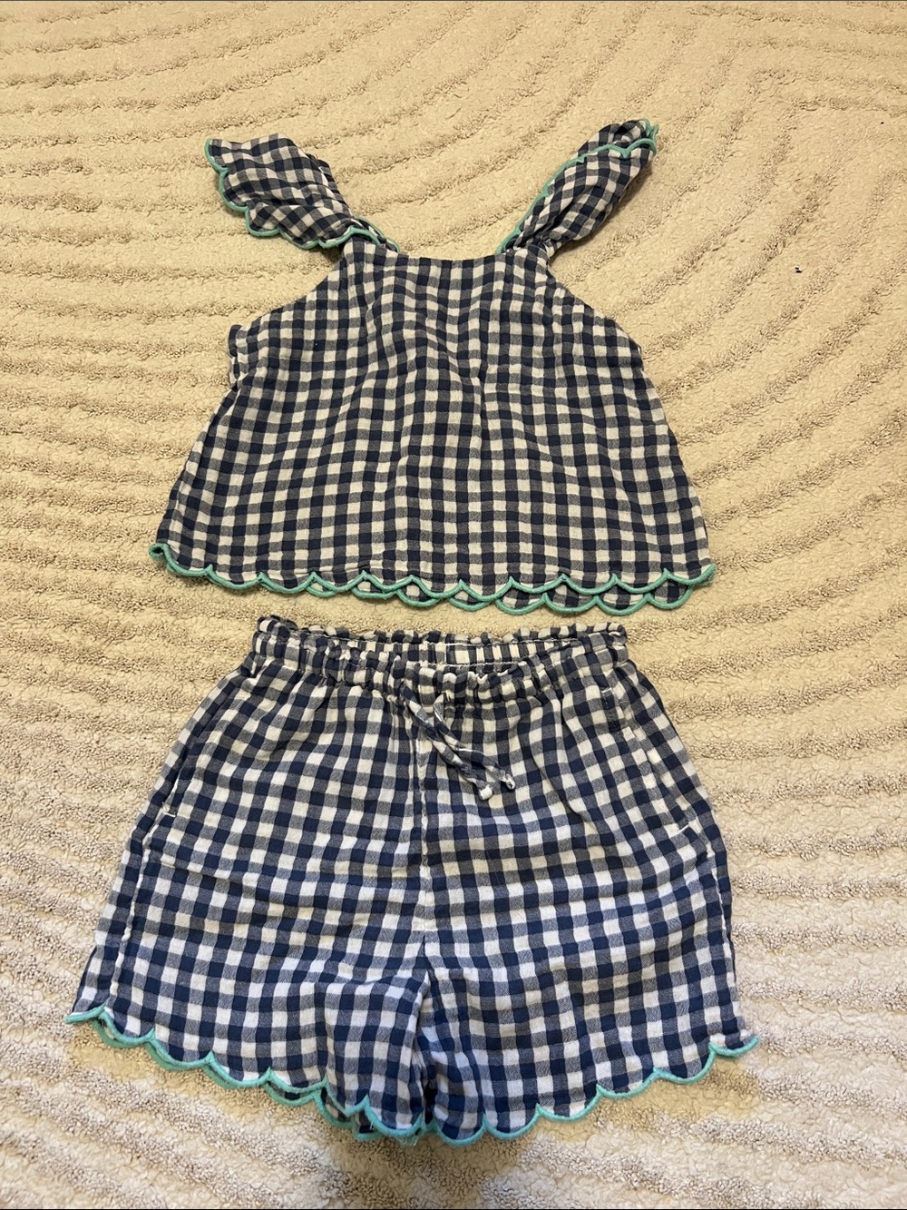 Old Navy Navy and White Gingham Girls Pajama Set with Teal Trim